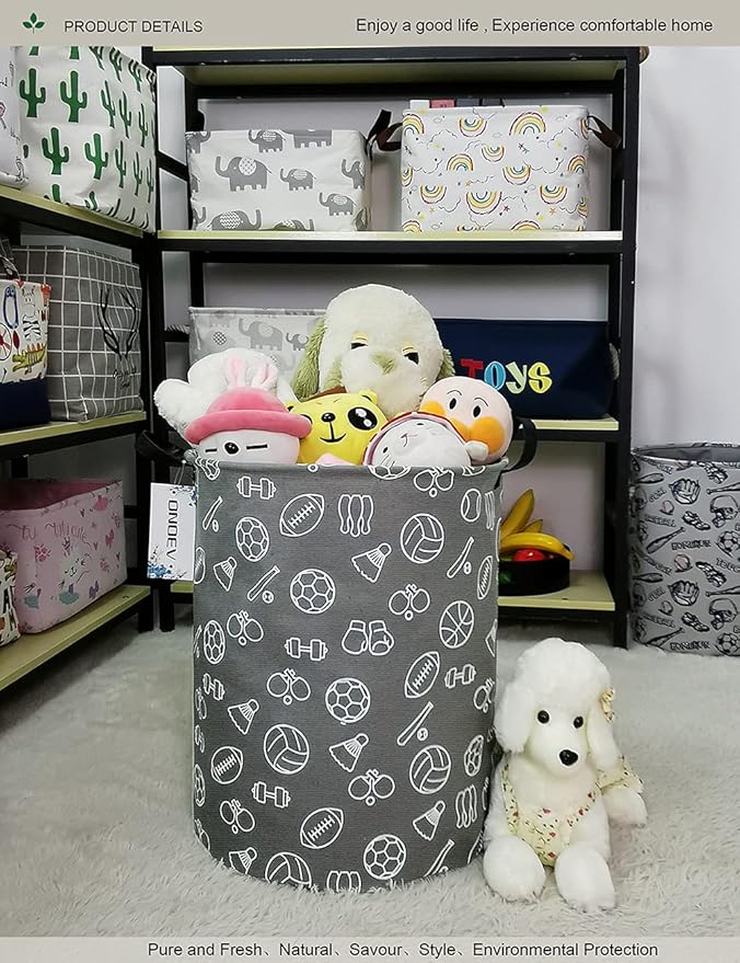 Round Waterproof Laundry Basket、Foldable Storage Basket、Laundry Hampers with Handle、Gift Basket,Suitable for Children's Room and Toy Storage (Grey Sports Ball)