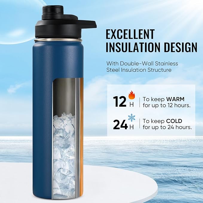 24 oz Insulated Water Bottle with Handle, 306 Stainless Steel Water Bottles with Wide Mouth, Double Wall Vacuum Sports Water Bottle, BPA Free, Keep Cold and Hot, Navy Blue