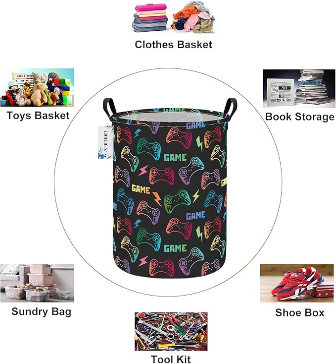 Round Foldable Handle Storage Basket toys Organization Bin Versatile Clothes Container Boys and Girls Gift Hamper (GAME)