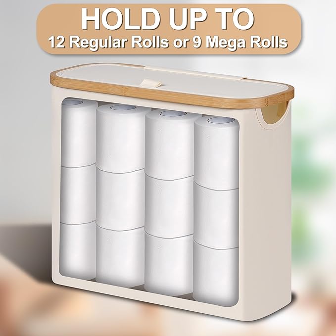 efluky Toilet Paper Basket 28L, Toilet Paper Holder with Lid for Bathroom, Free Standing Storage Organizer Holds Up to 9-12 Rolls (Beige, 1) (Pack of 2)