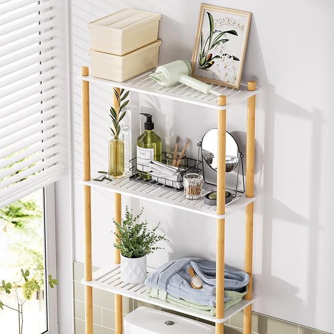 AmazerBath Over The Toilet Storage Bamboo, Bathroom Storage Organizer Shelf, 3-Tier Above Toilet Storage Rack, Space Saver, White and Natural Color