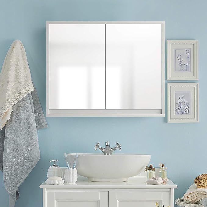 Tangkula Bathroom Medicine Cabinet, 2-Tier Wall-Mounted Storage Cabinet with Double Mirror Doors, Multipurpose Kitchen Bathroom Medicine Storage Cabinet, White (22" x 18")
