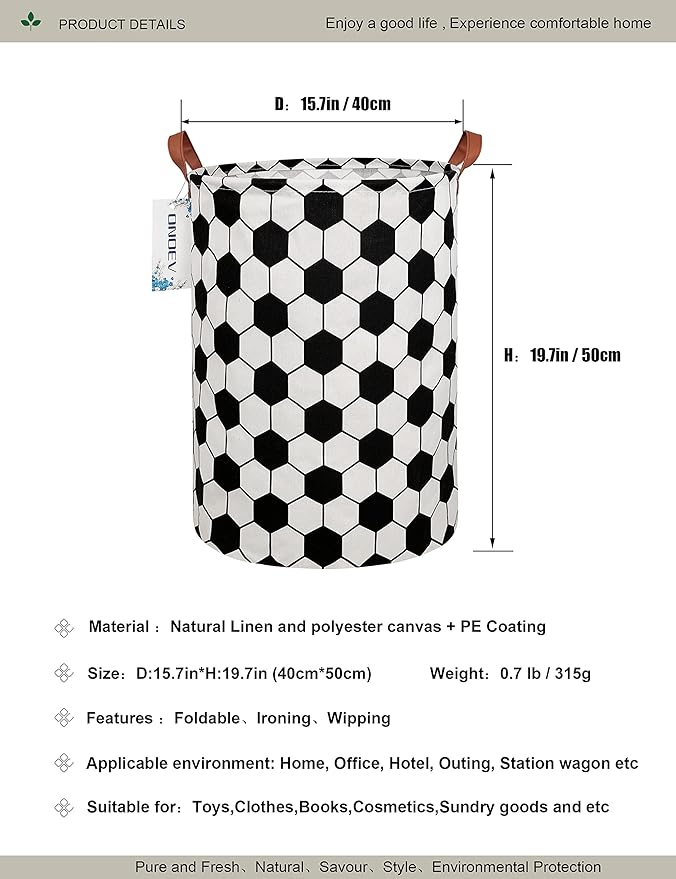 Round Fabric Storage Bin,Decorative Basket,Organizer Basket with Handles,for Clothes Storage,books & sundries (Hexagon Football), 19.7inch(H)x15.7inch(D)