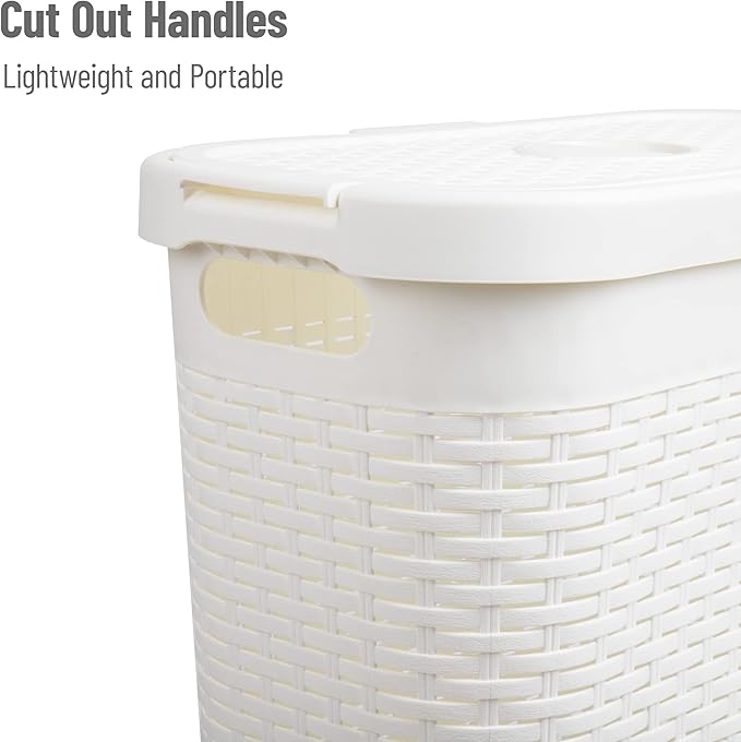 Mind Reader Slim Laundry Hamper with Lid, 40L Clothes Basket, Premium Wicker Design, Plastic, White