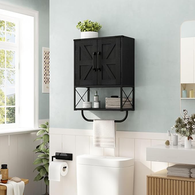 RUSTOWN Farmhouse Rustic Medicine Cabinet with Two Barn Door,Wood Wall Mounted Storage Cabinet with Adjustable Shelf and Towel Bar, 3-Tier Cabinet for Bathroom, Living Room(Black)