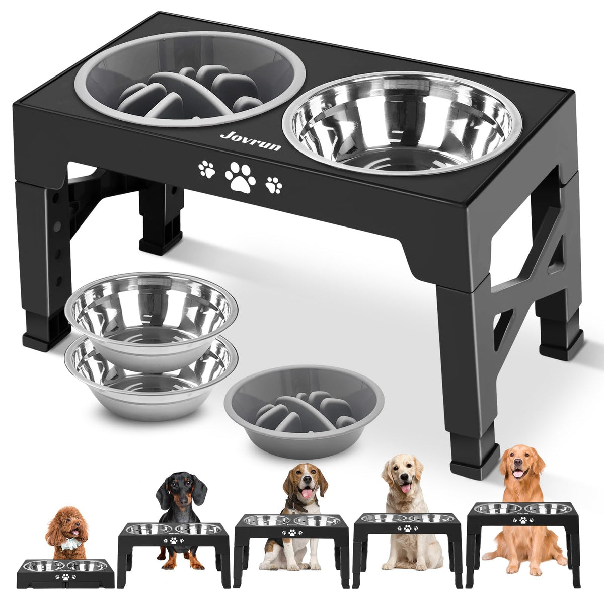 Jovrun Elevated Dog Bowls, Dog Feeder with 2 Stainless Steel Dishes &1 Slow Feeder Bowl, 5 Heights Adjustable Raised Stand for Medium Large, Food Dishes with Non-Slip Feet