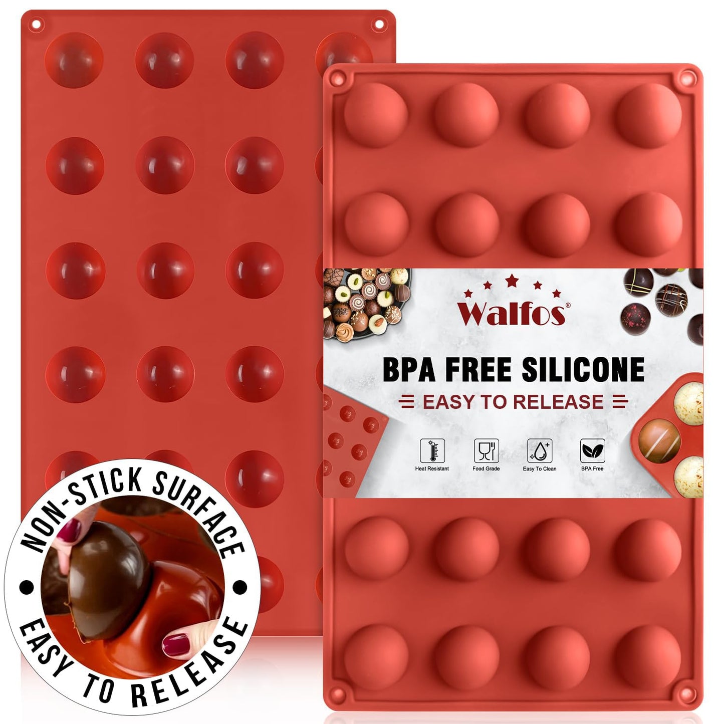 Silicone Fat Bomb Molds, Walfos Silicone Candy Mold, 15 Cavity Round Mold -Perfect for Keto Fat Bomb, Jelly, Dark Chocolate, Mini Peanut Butter Cup, 2 Packs