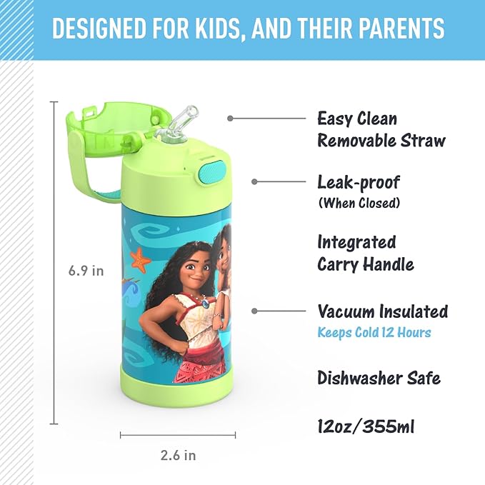 THERMOS FUNTAINER Water Bottle with Straw - 12 Ounce - Kids Stainless Steel Vacuum Insulated Water Bottle with Lid, Moana 2