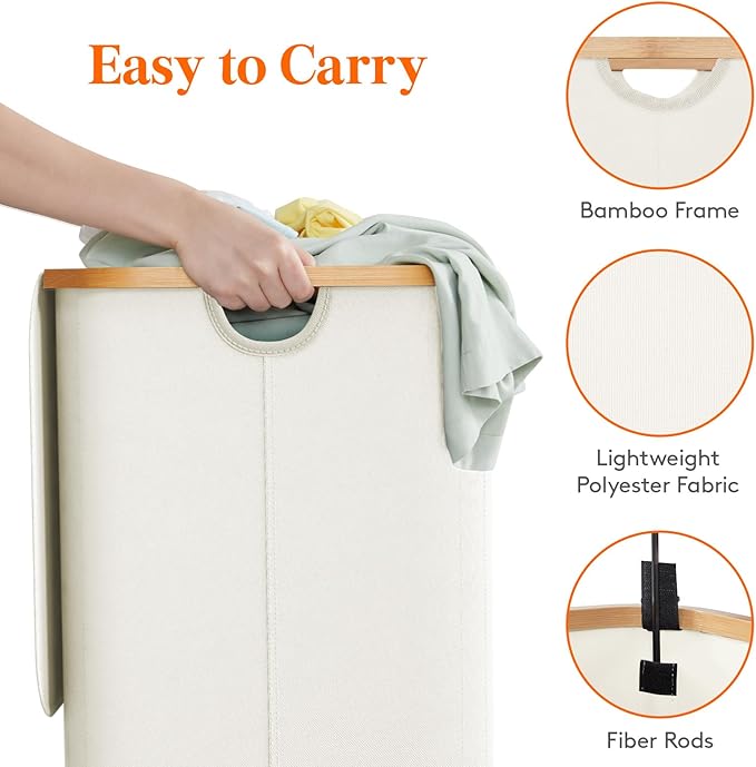 Lifewit 150L Laundry Basket with Lid, Clothes Hampers for Laundry with Bamboo Handles and 2 Removable Bag, Large Foldable Laundry Hamper for Bedroom, Bathroom, Dorm, Laundry Room, Off White
