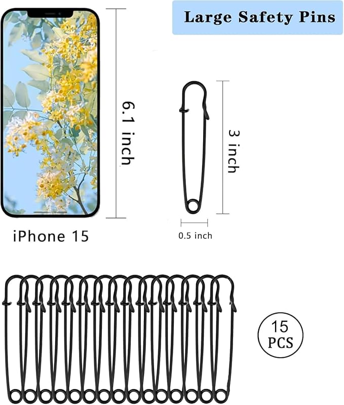 15Pcs Large Safety Pins, 3‘’ Heavy Duty Steel Safety Pins for Clothes, Ideal for Leather, Canvas, and Wool, Sharp Tip for Secure Hold, Perfect for Clothing, Diapers, Blankets, and More, Black