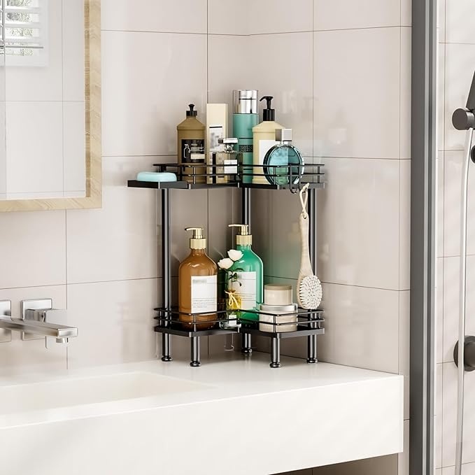 HapiRm Corner Shower Caddy Standing - 2 Tier Shower Organizer Corner with Soap Holder, Rustproof Bathroom Standing Organizer with 2 Hooks, Black