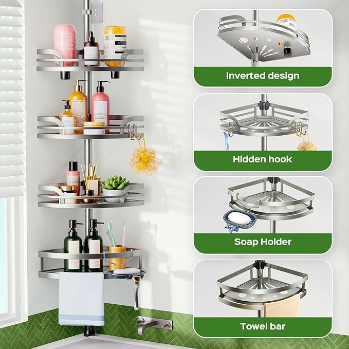 HAMITOR Shower Caddy Tension Pole：4-Tier Rustproof Bathroom Corner Shelf for Renters - 47-121inches Adjustable Bathtub Organizer with Soap Holder-large capacity rack for Shampoo Storage Home Accessory