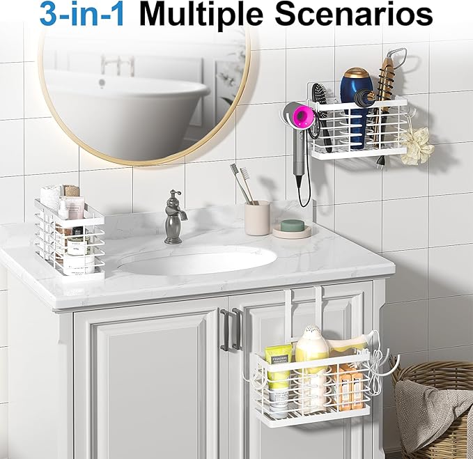 Hair Tool Organizer, 2026 Upgraded 3-in-1 Universal Hair Dryer Holder, Adjustable Height Metal Blow Dryer Holder Wall Mounted/Over Cabinet Door, Bathroom Organizer and Storage(White)