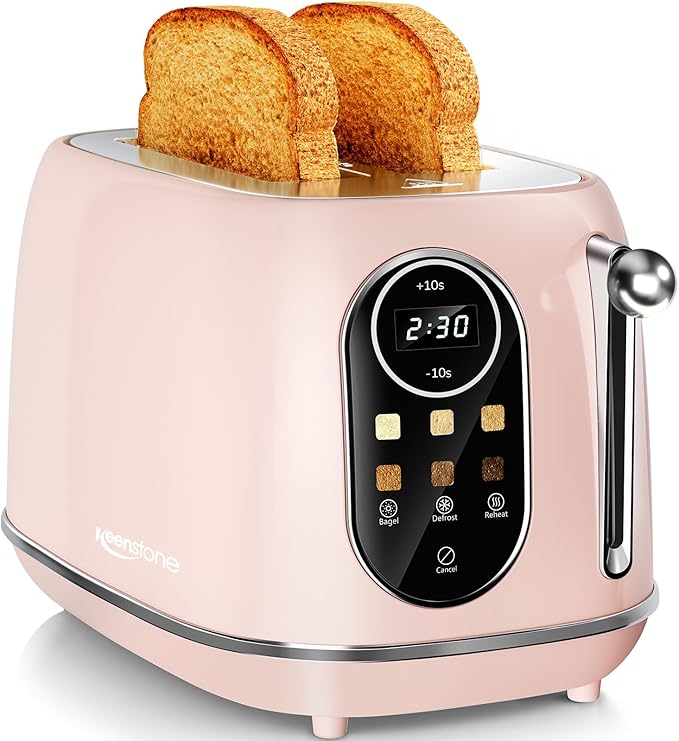 Keenstone Smart Touch Screen Toaster 2 Slice, Retro Wide Slot Stainless Steel Toaster with 6 Browning Levels, Reheat & Defrost, for Bagel, Toast, Bread, Removable Crumb Tray, Beige