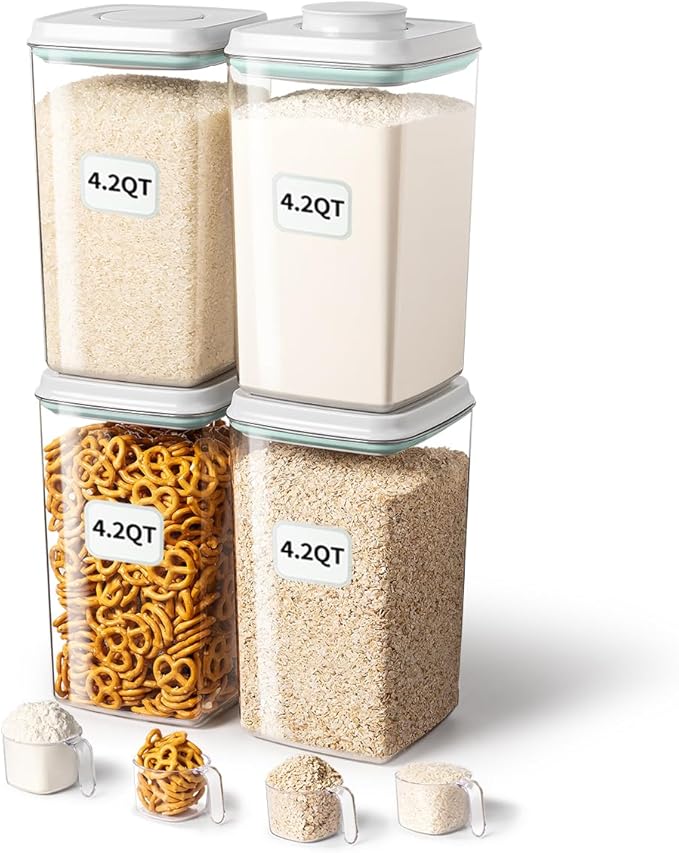 Ankou Airtight Food Storage Container with Pop Lid & 130ml Scoop, 4L/4.2qt *2 BPA-Free Cereal, Rice, Flour, Pasta & Snack Container, Stackable & Durable,Kitchen Pantry Organizer