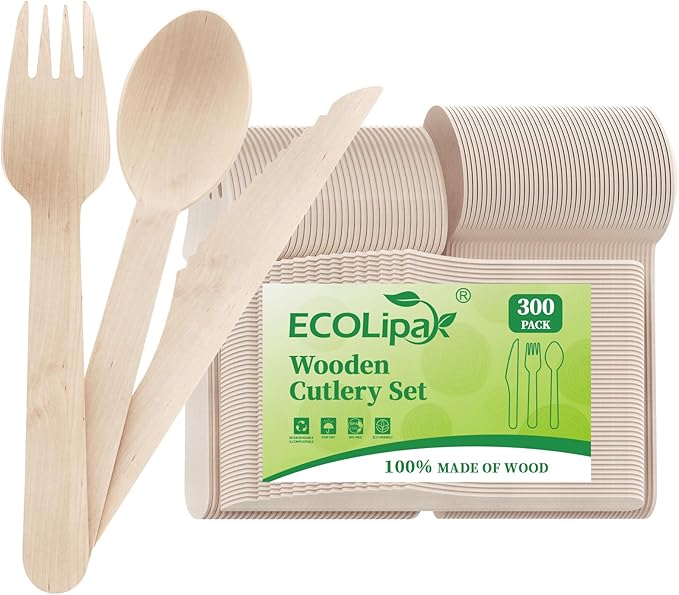 ECOLipak 300 Count Compostable Wooden Disposable Spoons for Party, Dinner