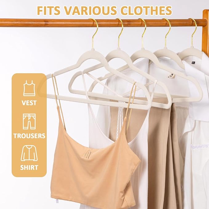 Velvet Hangers 30 Pack, Non Slip Clothes Hanger Heavy Duty for Suit/Coat, Premium Felt Slim Space Saving Suit Hangers for Closet Organizer, 360° Rotating Gold Hook - Ivory
