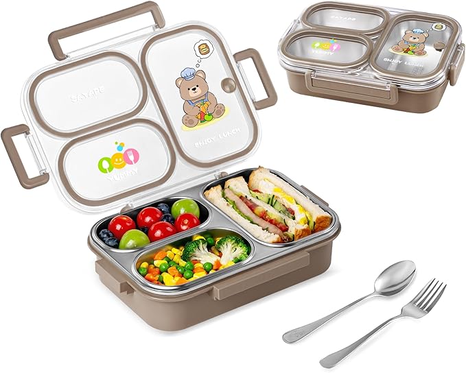 SAYAPE Stainless Steel Bento Lunch Box for Kids, 26.4 oz Leak-Proof 3-Compartment Metal Bento Box, BPA-Free, Cute Cartoon Meal Prep Snack Container with Utensils for School, Office, Travel - Yellow