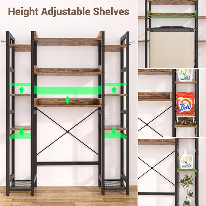 Over The Toilet Storage with 2 Drawers - 11 Tier Bathroom Organizer Freestanding Space Saver Storage Rack with Adjustable Shelf Above Toilet Stand with 4 Hooks for Restroom, Laundry, Rustic Brown