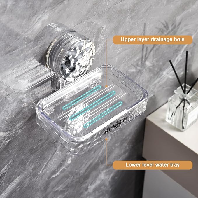 Soap Dish Holder Suction Cup, Wall Mounted Self Draining Soap Case & Sponge Rack, No Drilling Suction Bar Soap Holder for Bathroom, Kitchen Sink