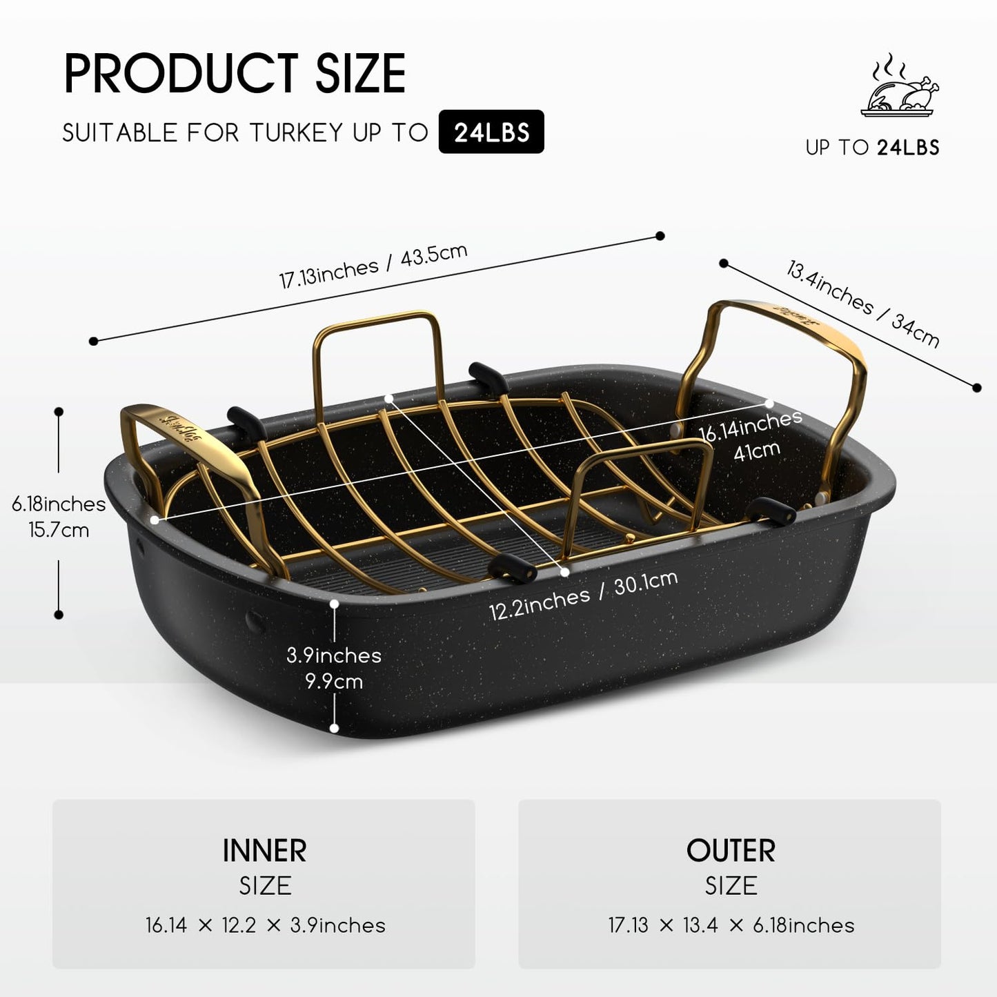Turkey Roasting Pan, 17x13 Inch Roaster Pan for Turkey, Black&Silver