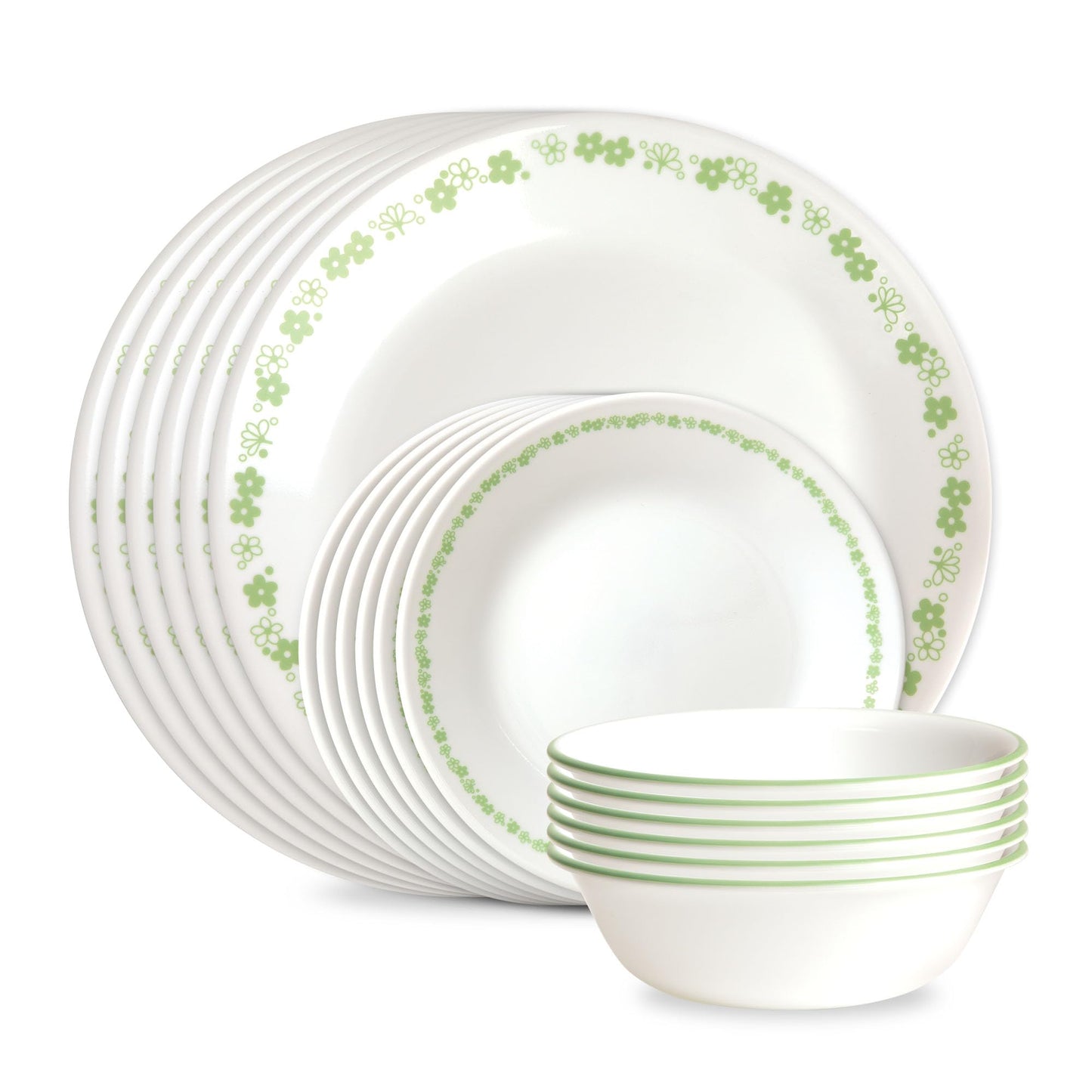 Corelle Everyday 18-PC Dinnerware Set Service for 6, Durable and Eco-Friendly, Higher Rim Glass Plate & Bowl Set, Microwave and Dishwasher Safe, Sadie