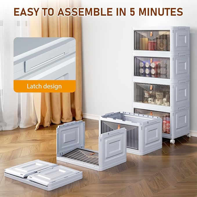 4 Tier Stackable Plastic Storage Bins with Lid and Wheels - 23 QT Closet Organizers and Storage, Foldable Storage Containers, Organization and Storage Boxes for Craft, Home, Pantry, Dorm, Grey