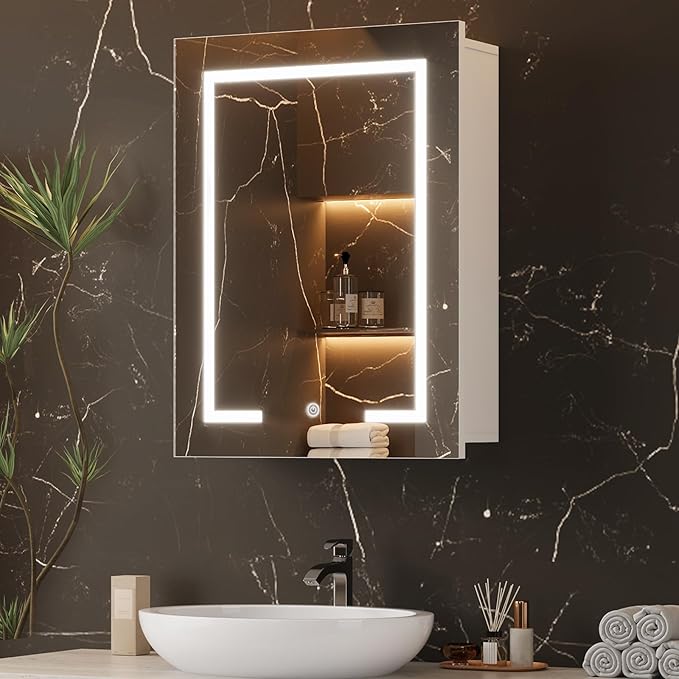 LED Lighted Bathroom Medicine Cabinet with Mirror, Bathroom Vanity Mirror with Storage, Wall-Mounted Storage Cabinet with Adjustable Shelves, Touch-Sensitive Control, 3 Color Lighting, White