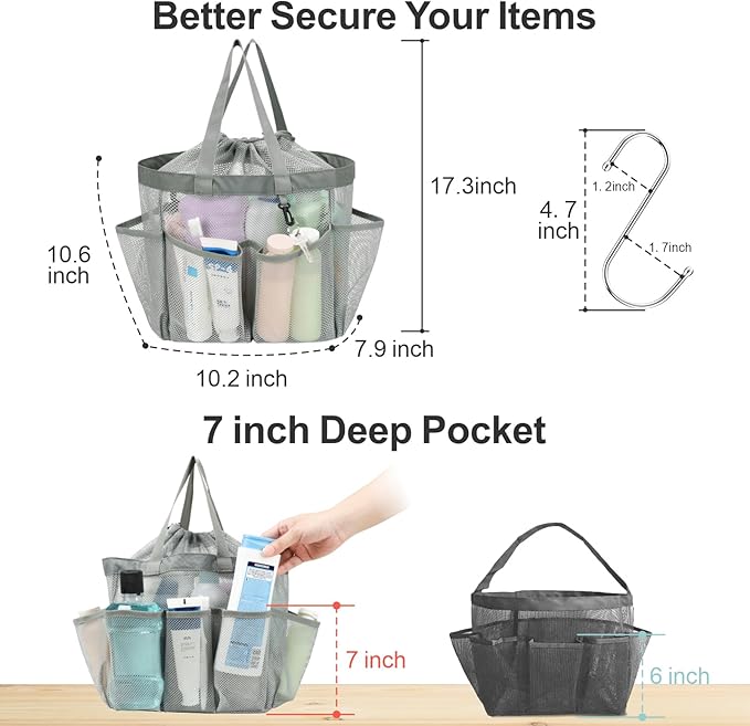 F-color Mesh Shower Caddy Portable with Drawstring - Large 8 Pockets Dorm Room Essentials for Guys Girls with S Hook, Shower Bag Basket Tote for College Camping Gym Travel Toiletry Bathroom, Grey