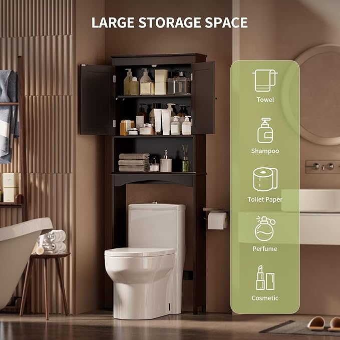 Gizoon Over The Toilet Storage Cabinet with Adjustable Shelf and Double Doors, Bathroom Space Saver Organizer Above Toilet with Open Shelf, Taller Wooden Free Standing Toilet Rack -Espresso