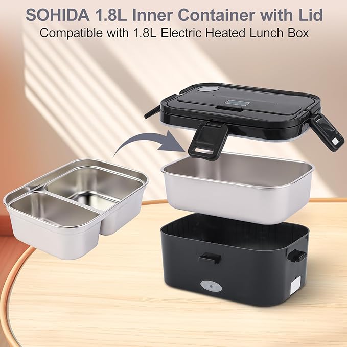 1.8L Stainless Steel Inner Container with Lid – Dual Compartment, Removable, Dishwasher Safe, Compatible with 1.8L Electric Heated Lunch Box