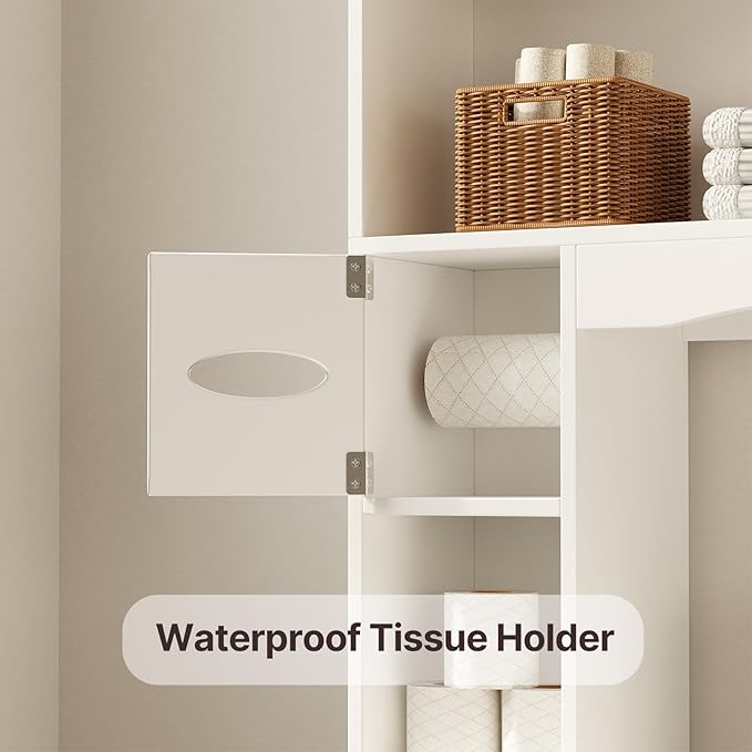 Gizoon 66''H Over The Toilet Storage Cabinet, White Over Toilet Storage Cabinet, Over Toilet Bathroom Organizer, with 2 Doors, Paper Holder and Racks, Adjustable Shelf, for Bathroom, Laundry, White