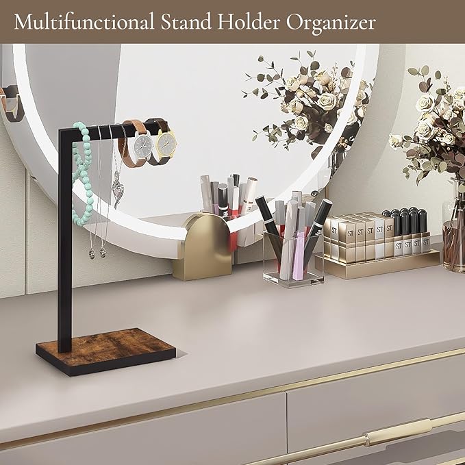 Hand Towel Holder for Bathroom, Hand Towel Stand with Wood Base, L-Shape Hand Towel Rack Height 13.85'' for Vanity Countertop, Kitchen Counter, (Rustic Brown-Square Base-L Shape)