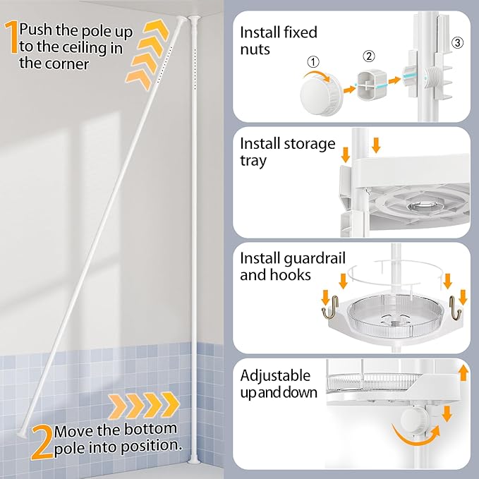 360° Rotating Corner Shower Caddy Tension Pole Organizer - 4-Tier Adjustable Rustproof Metal Pole, Plastic Shelves with Safety Guardrail, Bathroom Storage for Shower & Bathtub(White)