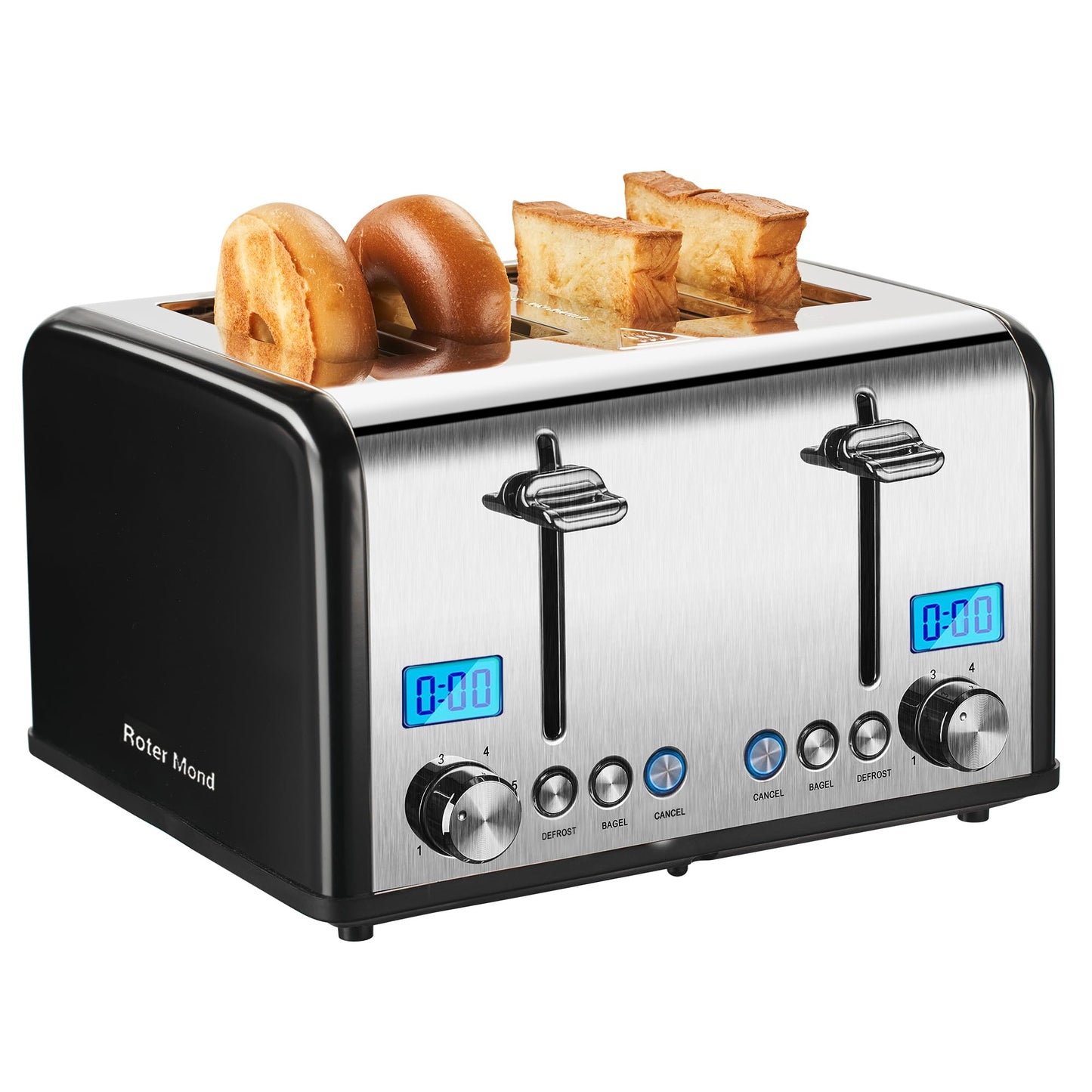 Roter Mond Countdown Stainless Steel 4 Slice Toaster with Bagel, Defrost, Cancel Function, Dual Toaster, Extra Wide Slots, 6 Shade Settings, Removable Crumb Trays, 1650W, Red