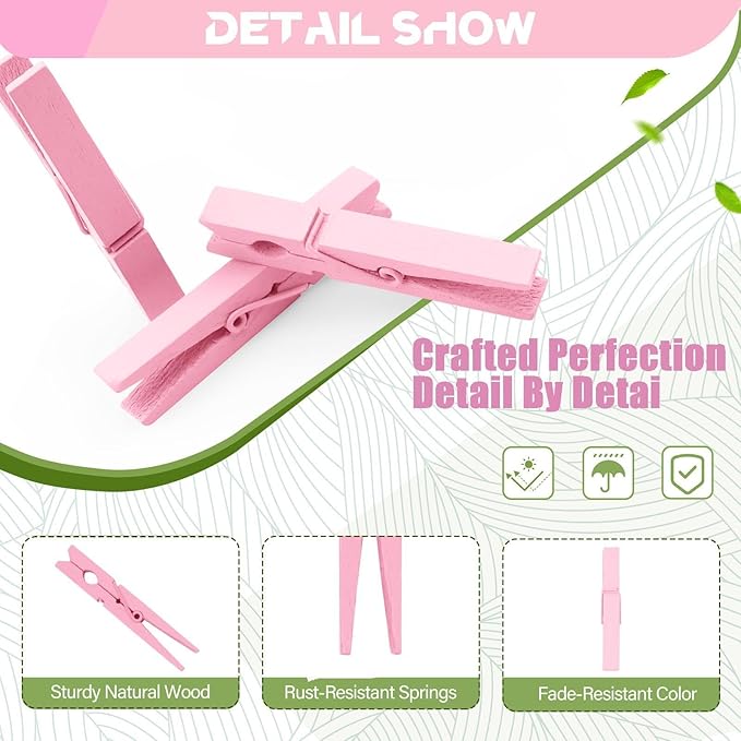 Pink Clothes Pins Wooden 100 Pack, Colored Clothespins for Craft Art Baby Shower Classroom 2.9 Inch
