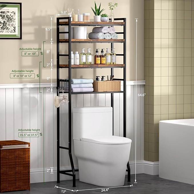 Over The Toilet Storage Rack,4-Tier Over Toilet Bathroom Organizer with Adjustable Wooden Shelves,Freestanding Space Saver Bathroom Cabinet Shelves Over Toilet,Over Toilet Storage, Vintage Brown