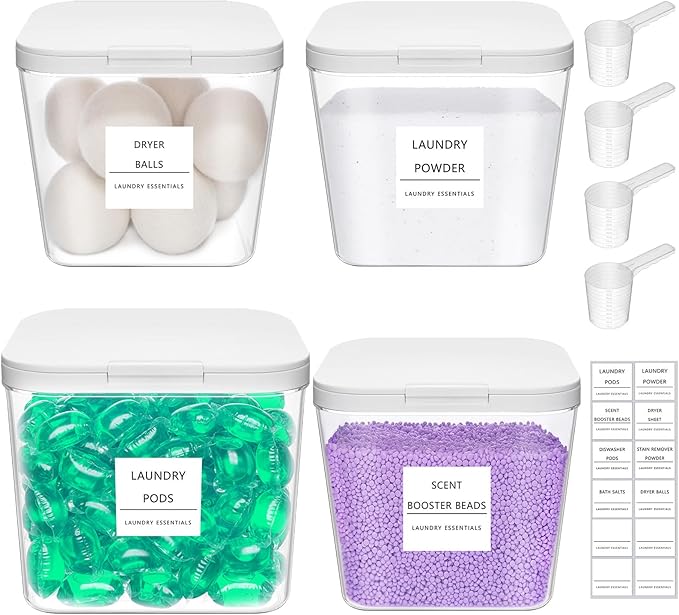 Lifewit 4 Pcs Laundry Pods Container with Pop-up Lid, Dryer Sheet Holder, Laundry Room Organization Storage Jars for Washing Powder, Soap, Scent Booster Beads, 2700 +4500ml/0.72+1.2gal