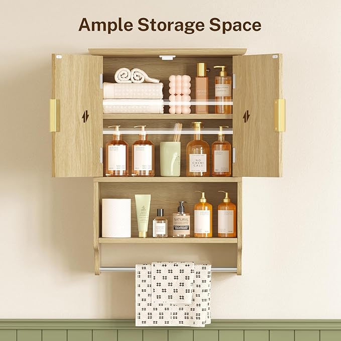 TEENFON Fluted Bathroom Wall Cabinet with Adjustable Shelves and Towel Rack, Wall Mounted Over The Toilet Storage Organizer for Bathroom, Living Room, Natural