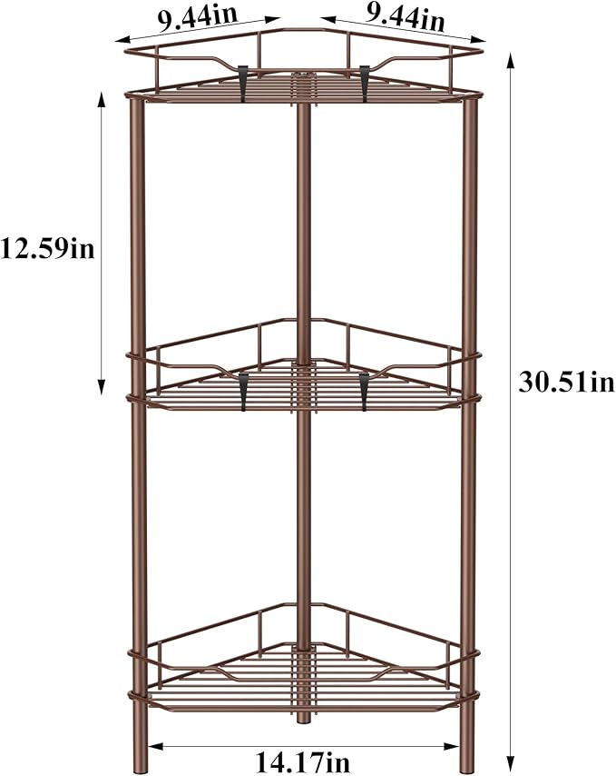 3 Tier Floor Standing Corner Shower Caddy Organizer Shelf with Hooks, Bathroom Shelves Stand Rack, Coffee