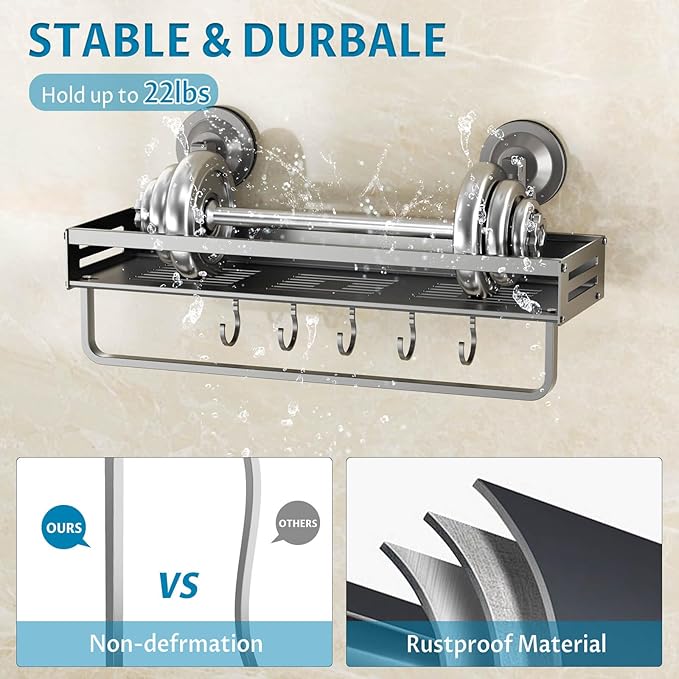 Onemake Shower Caddies Suction Cup, 2 Pack 15.7 inch Aluminum Suction Showers Organizer with Towel Bar & Hooks, Rustproof Shower Shelves, No Drilling Bathroom Shelf Storage Rack, Gray