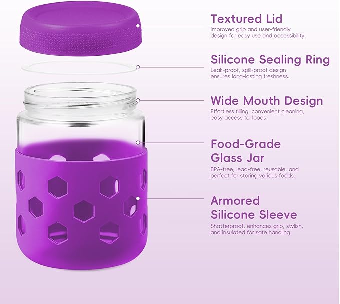 Gemice 6-Pack 16 oz Overnight Oats Containers with Lids and Silicone Sleeves, Glass Mason Jars with Airtight Lid, Dishwasher Safe, Wide Mouth Chia Seed Pudding Meal Prep Jar for Yogurt Berries Snack