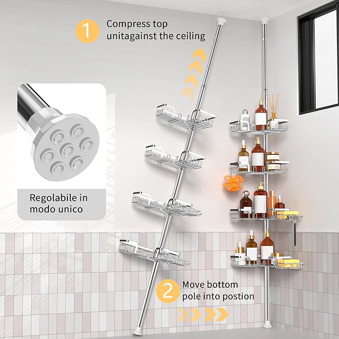 Shower Caddy Corner for Bathroom, Tension Pole, Adjustable 25in-114in Floor to Ceiling, Standing Shower Tension Rod Organizer, 4 Tier Storage Shelves with 2 Soap Holders/Hanging or Adhesive, Silver