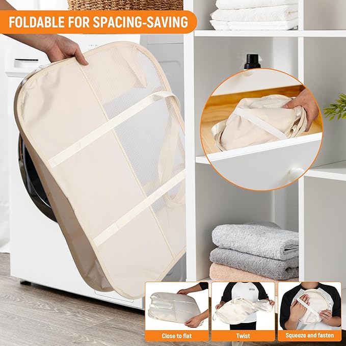 Collapsible Laundry Baskets with Easy Carry Handles, 95L Clothes Hamper for Storage, Foldable Laundry Basket Tear-proof, Large Pop Up Hampers for Laundry, Bedroom, Bathroom, Dorm Beige