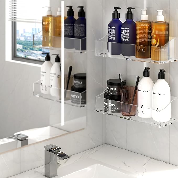 Acrylic Shower Shelves 3 Pack, Clear Adhesive Shower Organizer - No-Drill Wall Mount Storage Rack, Versatile Caddy for Bathroom & Kitchen (Transparent)