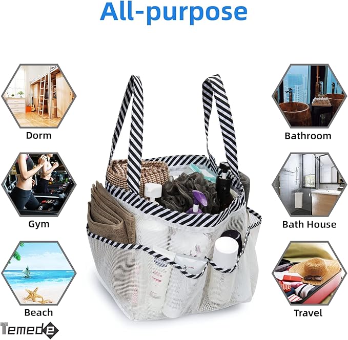 Temede Mesh Shower Caddy Portable for College Dorm Room Essentials, Large Capacity Shower Caddy Basket with 8 Pockets, Quick Dry Shower Tote Bag for Beach, Gym, Bathroom, Camp, Travel-White