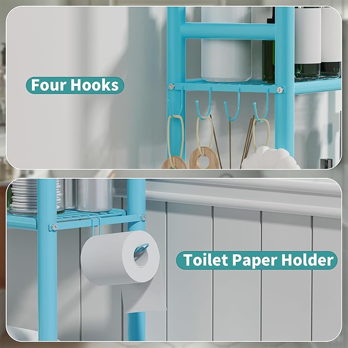 3-Tier Over The Toilet Storage with Paper Holder, Metal Bathroom Organizers and Storage for Small Space, Freestanding Bathroom Shelves with 4 Hooks, Above The Toilet Storage Shelf (Blue)