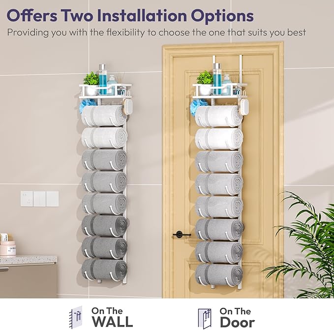 SWTYMIKI Over The Door Towel Rack - 9 Tier Towel Racks for Bathroom Wall Mounted, Towel Holder with Shelf, Hanging Rolled Towel Storage Organizer for Small Bathroom, Camper, RV, White