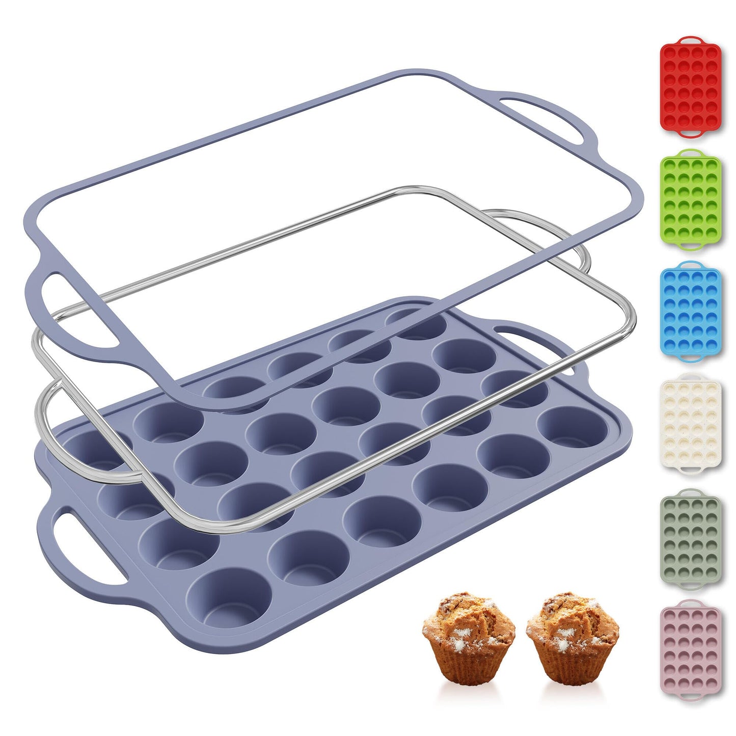 2 Packs 12 Cups Silicone Muffin Pan for Baking with Metal Reinforced Frame Regular Size Cupcake Pan Tray Chocolate Egg Pizza Bites Oven Top Cookie Molds Muffin Tin Tart Pans Sheet Set Bakeware Liner