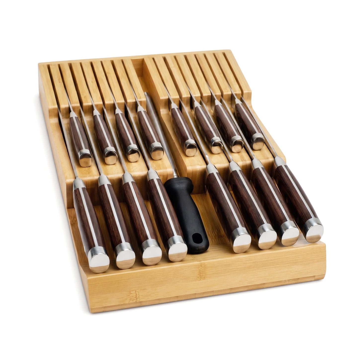 WenCraft Bamboo Kitchen Drawer Knife Holder, In-drawer Knife Block, Knife Drawer Organizer fit for 16 knives and 1 steel sharpening